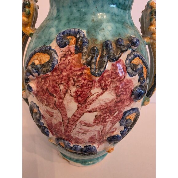 Vintage Handcrafted Ceramic Vase With Dragon Handles & Textured Design Italy - Picture 2 of 9